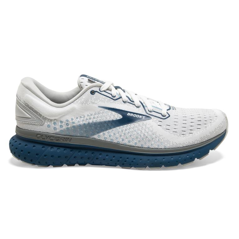 Brooks Glycerin 18 Road Running Shoes - Men's - White/Grey/Poseidon (70869-GWOE)